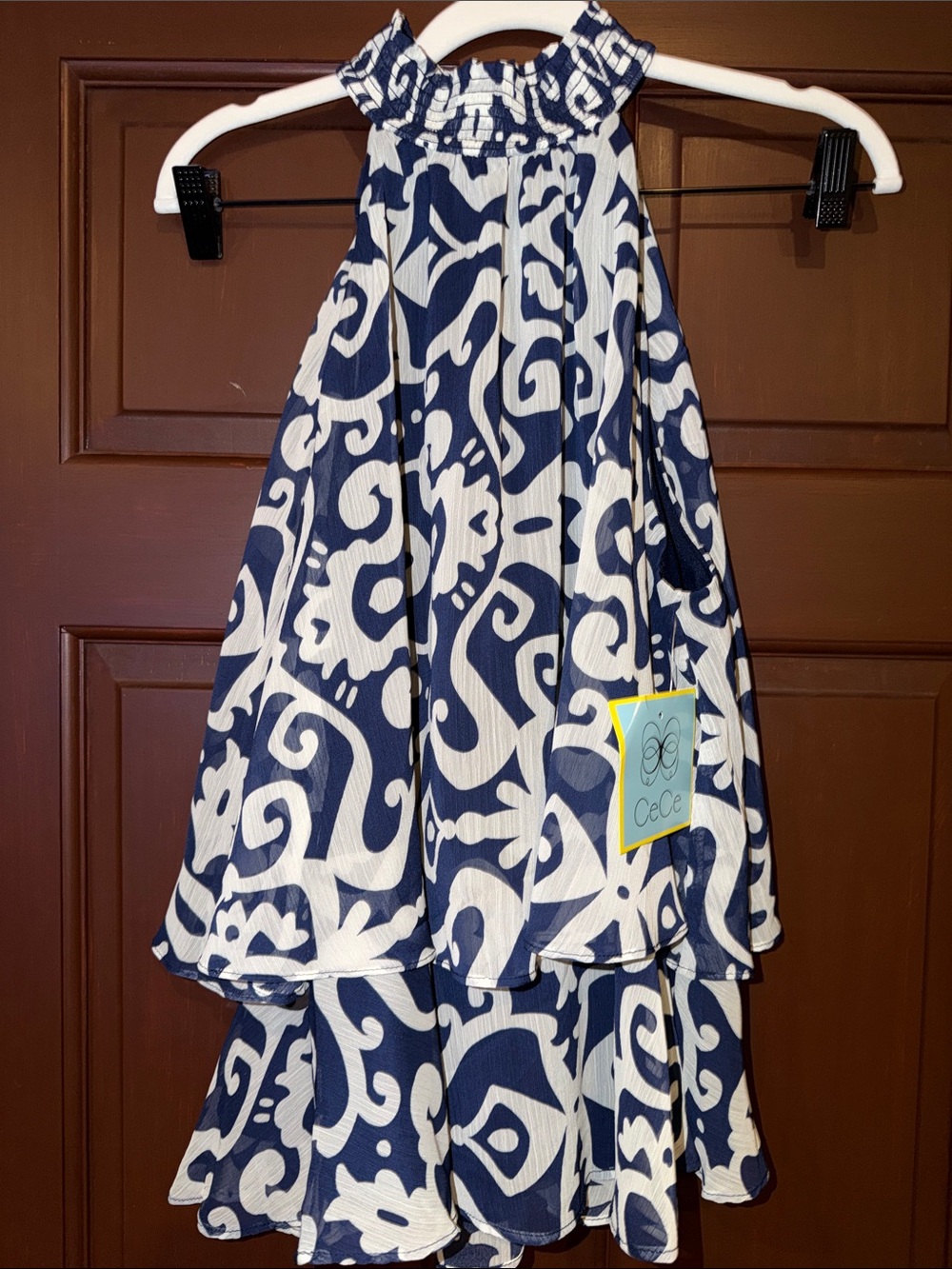 CeCe Navy and White Printed Halter Tiered Top